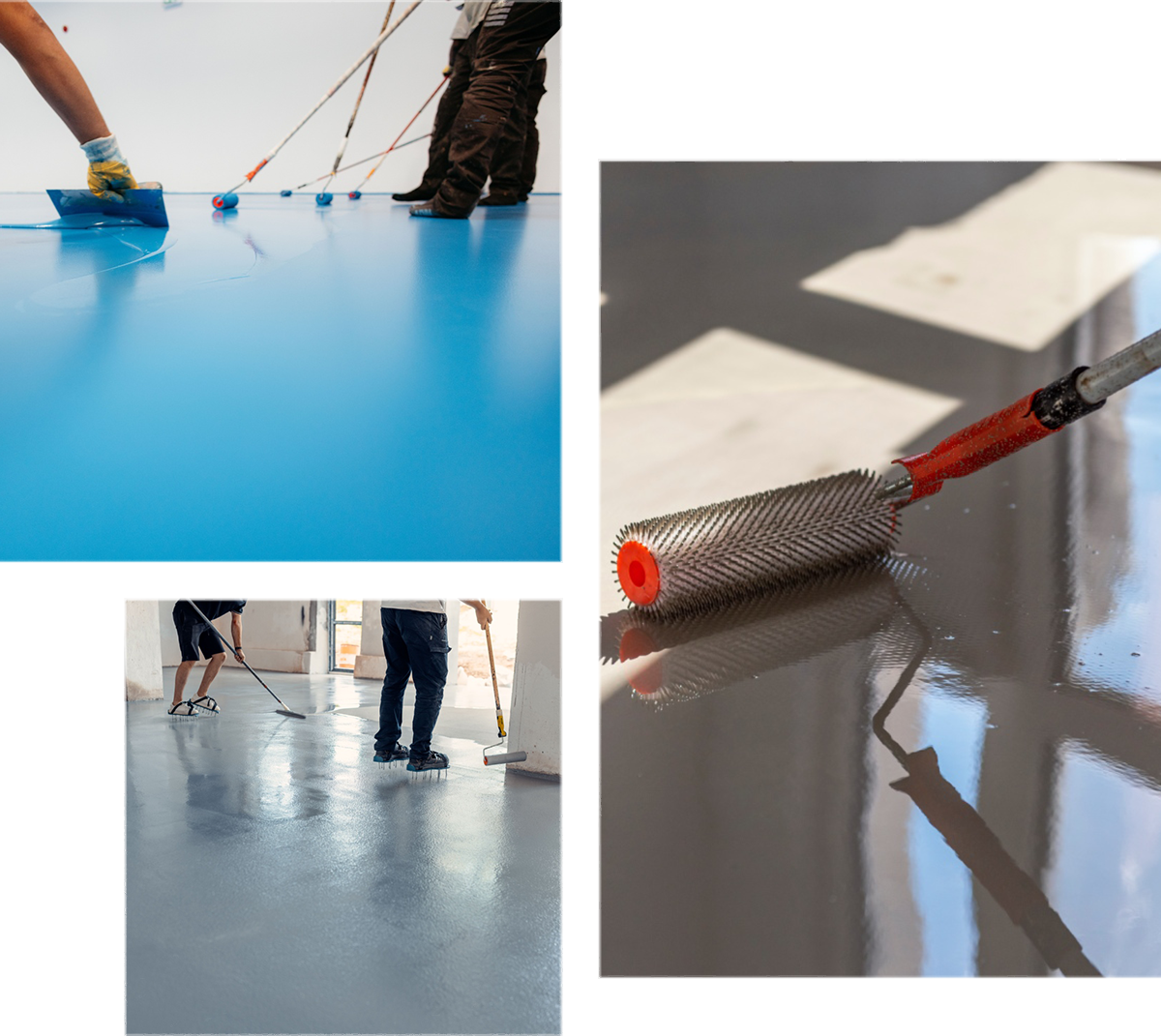 Workers are applying a blue epoxy floor coating; nearby, a textured roller is being used on a shiny gray surface.