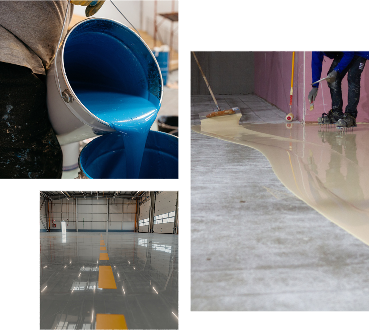 Collage of three images: blue epoxy being poured from a bucket, workers spreading beige epoxy on a floor, and a shiny warehouse floor with a yellow line.