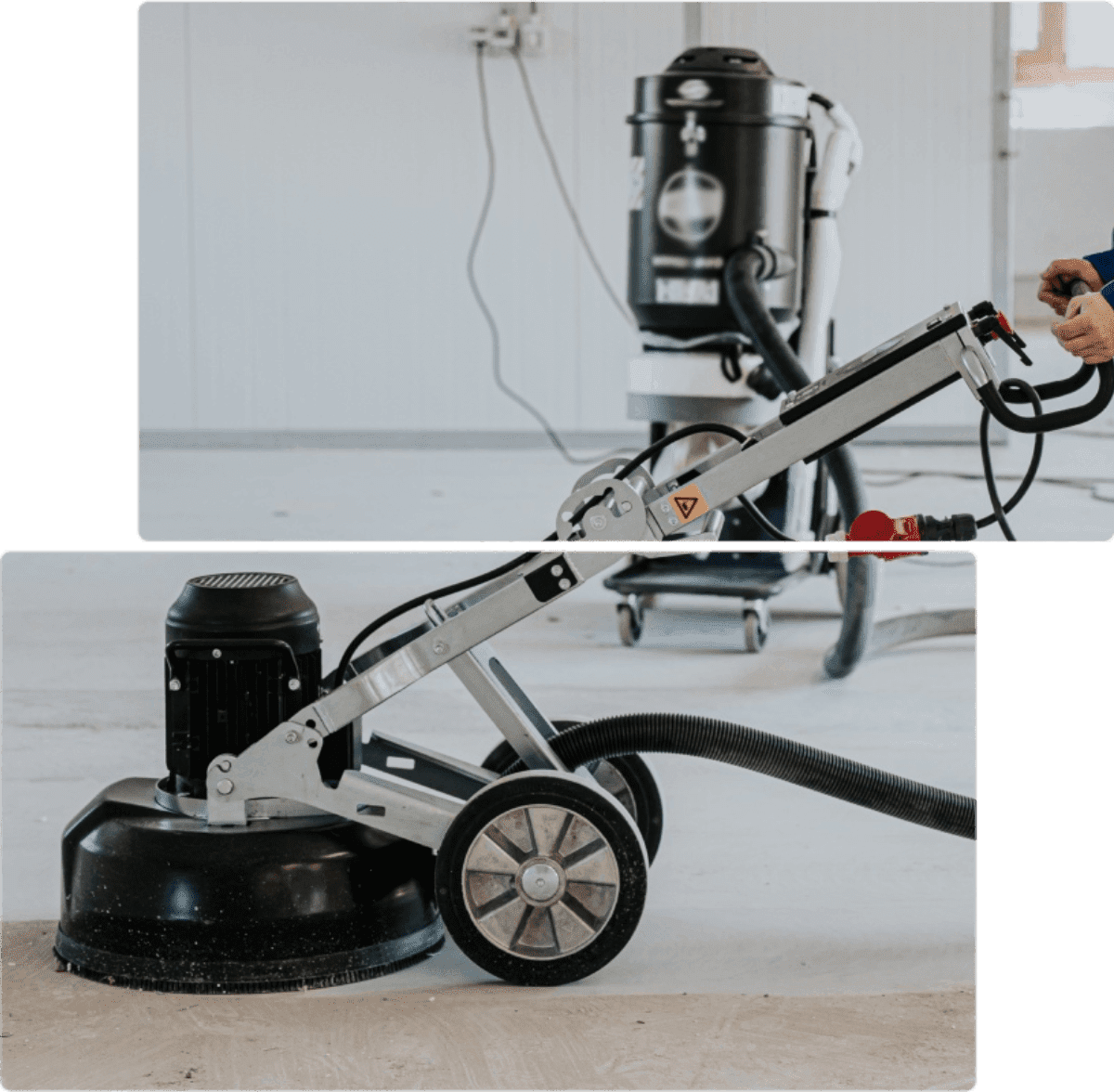 A person operates an industrial floor polishing machine connected to a vacuum cleaner in a large indoor space.