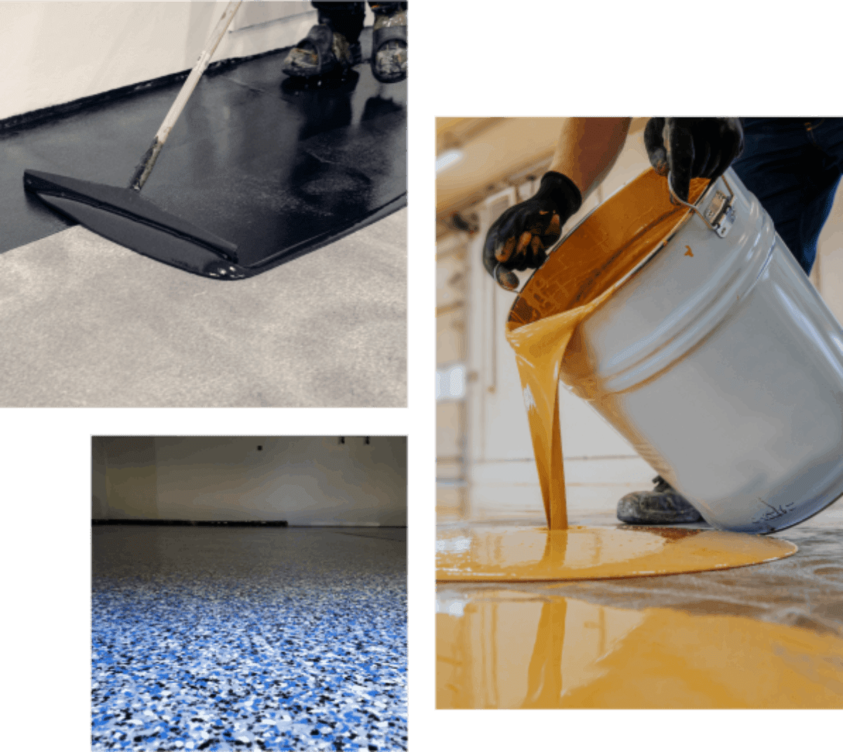 Three images showing: a person applying black epoxy with a squeegee, pouring yellow epoxy from a bucket, and a finished blue-speckled epoxy floor.