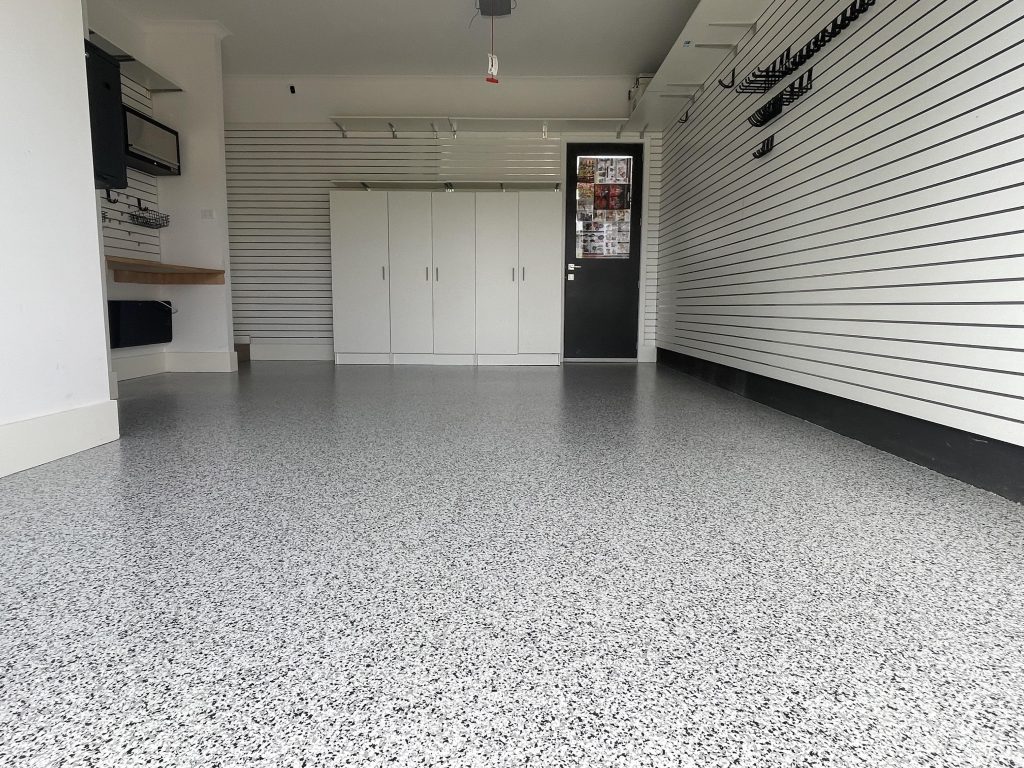 A garage with white walls and floor