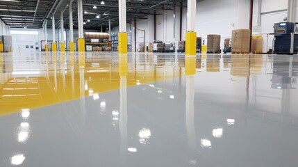 A warehouse with yellow and white floors